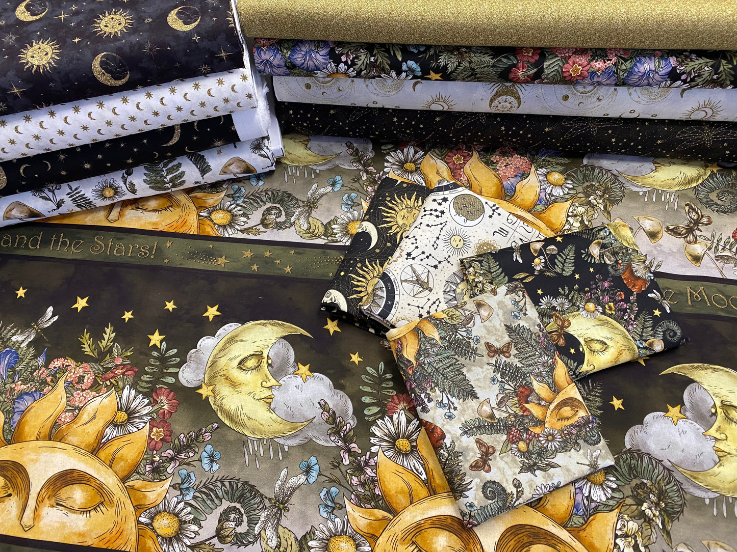 The Sun, the Moon, and the Stars! by Jason Yenter Sun & Moons Black 7SMS-1 Cotton Woven Fabric