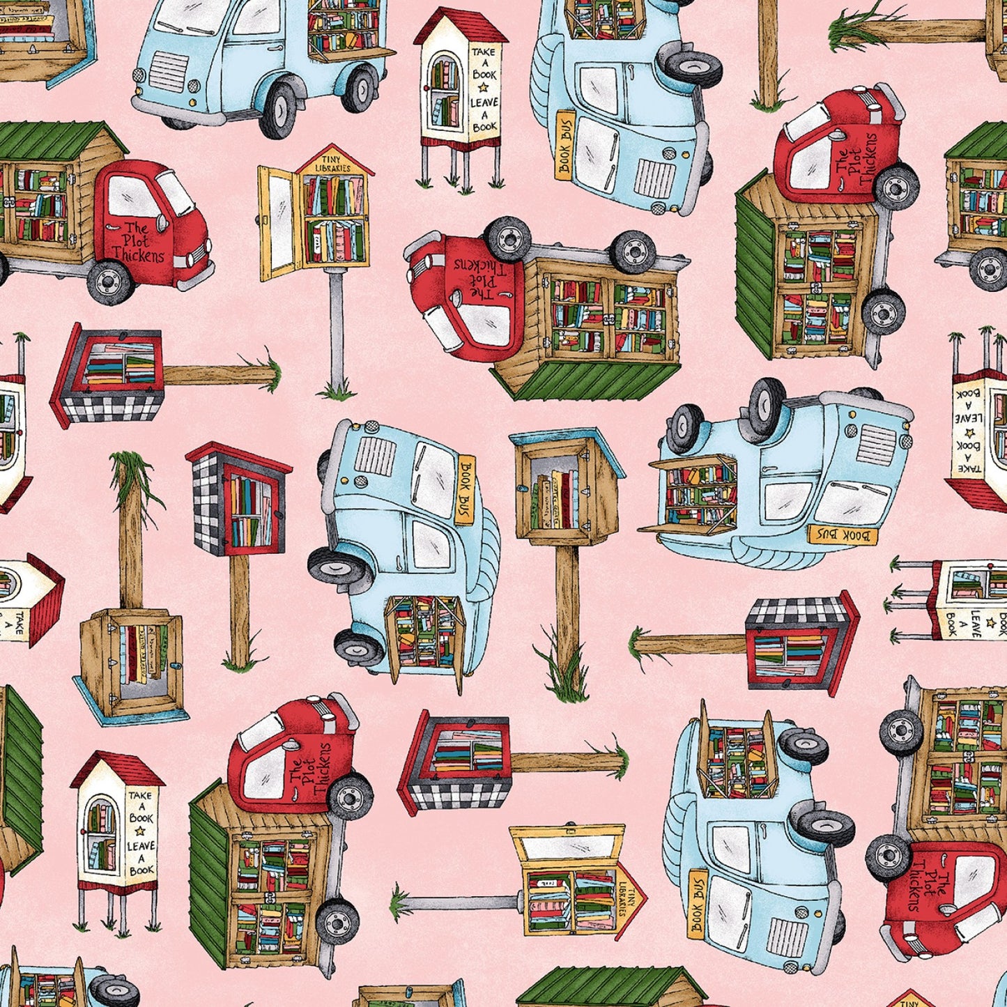 Readerville by Kris Lammers Collection Tiny Libraries Pink 10233M-P Cotton Woven Fabric