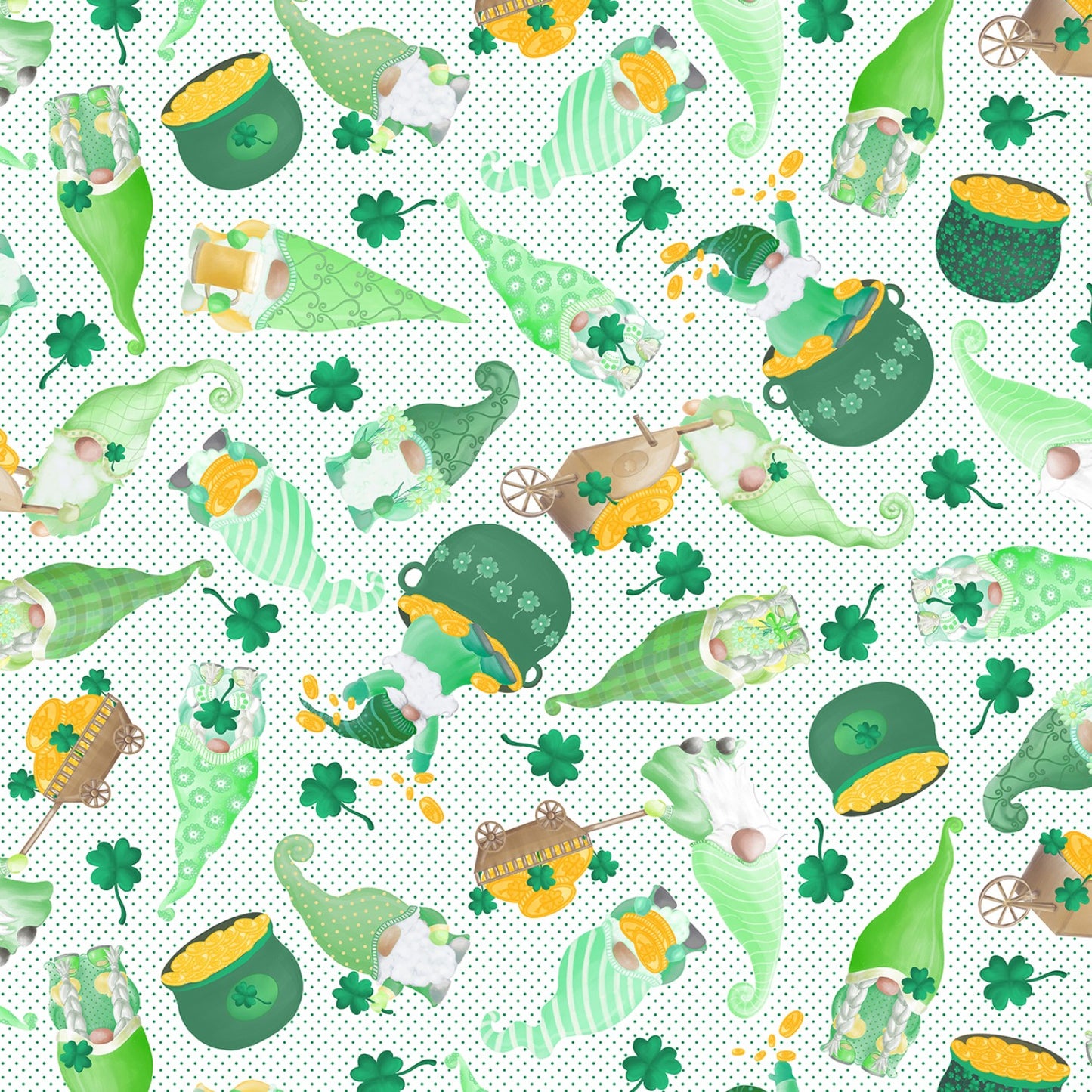 Lucky Gnomes by Andi Metz Tossed Gnomes White 12664B-09 Cotton Woven Fabric