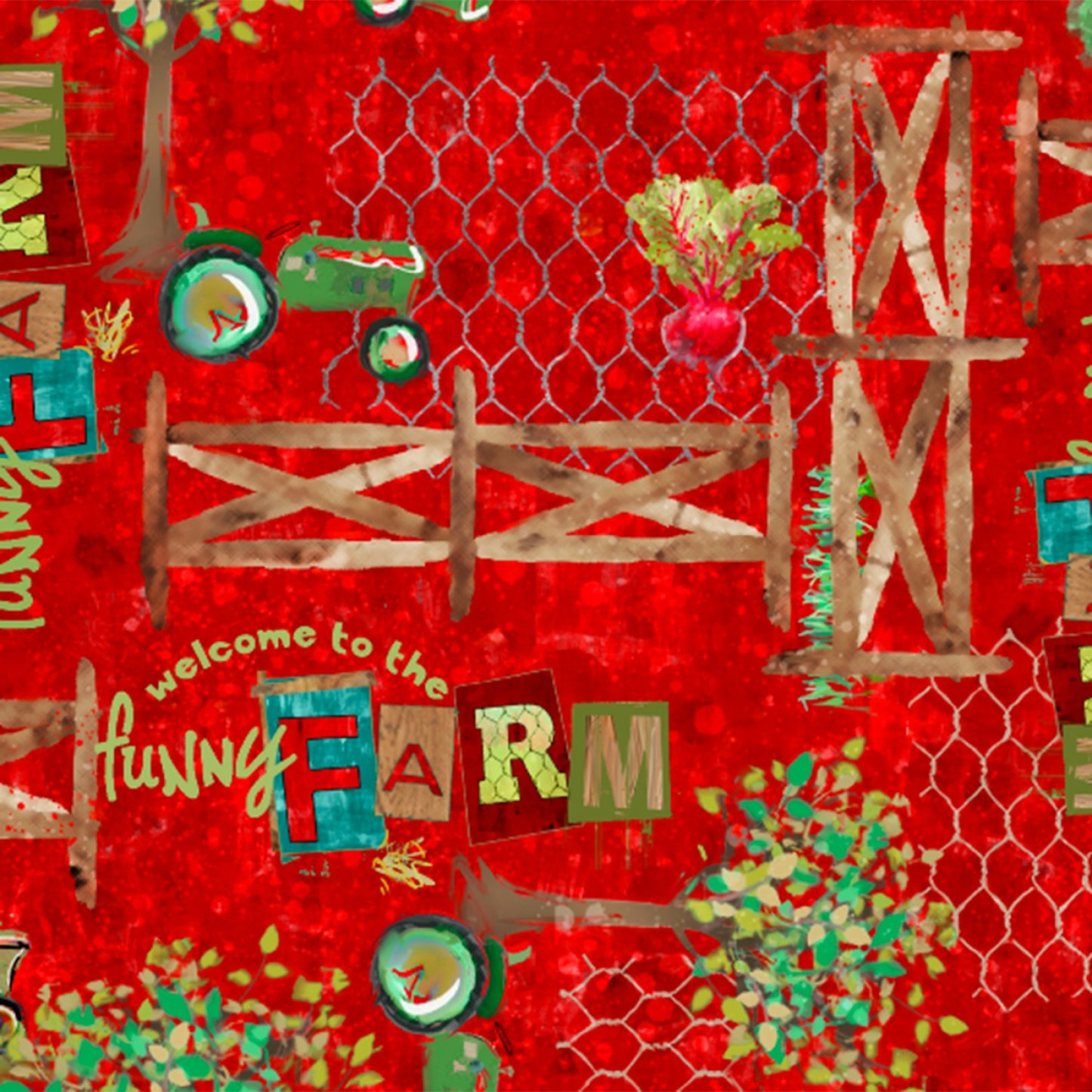 Welcome To The Funny Farm by Connie Haley Tractors Red 18735-RED Cotton Woven Fabric