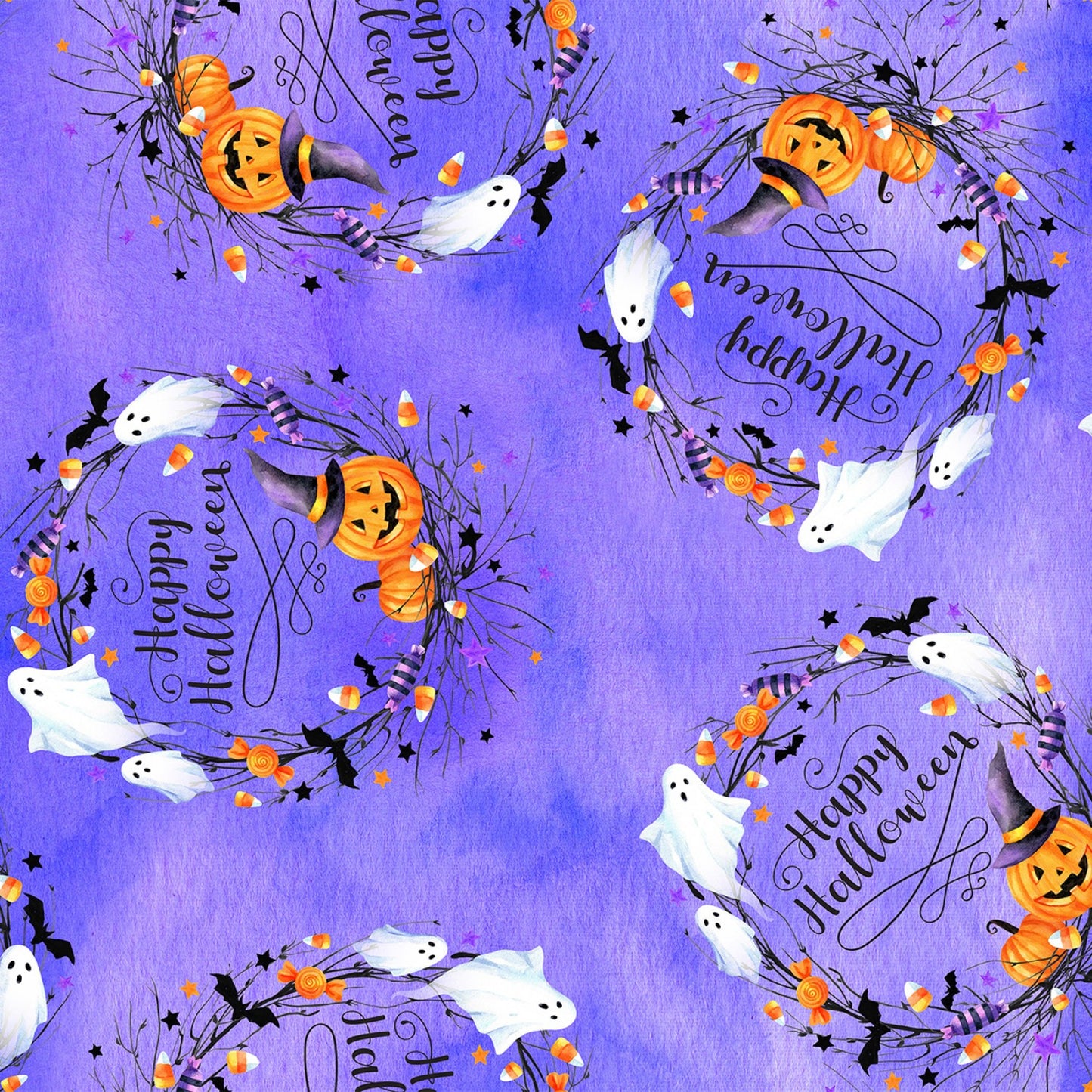 Boo Wreath Purple U4979H-474-Punch Cotton Woven Fabric