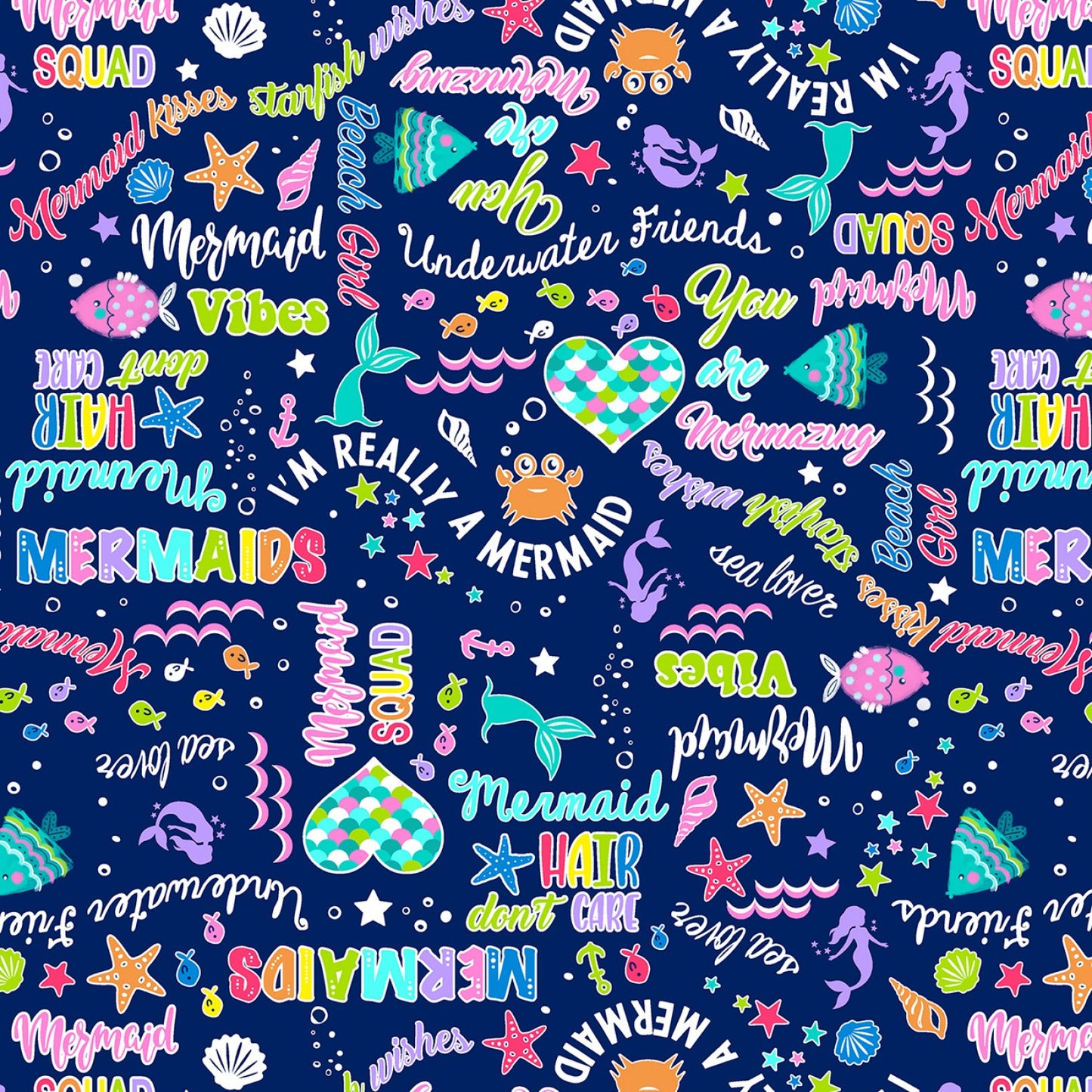 Mystical Mermaids Words Pearlized Navy 12517PB-56 Cotton Woven Fabric