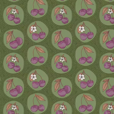 Preorder November 2026: Black Forest Dotted Cherries Olive 229260X by Jayme Murray Organic Cotton Woven