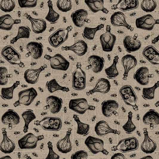 Preorder June 2026: Darkly Enchanted Taupe Potion Bottles On Newsprint 4798-41 by Episodic Drawing