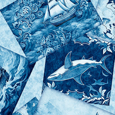 PREORDER ITEM - EXPECTED MARCH 2025: Ocean Blues by Morris Creative Group 108” Wideback Nautical Motif Overlapping Pattern   30856B.108 Cotton Woven Fabric