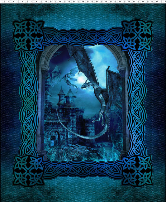 Dragons 36" Panel Large Castle Dragon Blue 1drg-2 Cotton Woven Panel