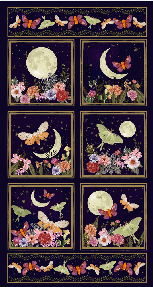 Midnight Rendezvous by Raquel Maciel 24" Panel Moths with Flower and Moons 10" Blocks Dark Purple     2904P-59 Cotton Woven Panel