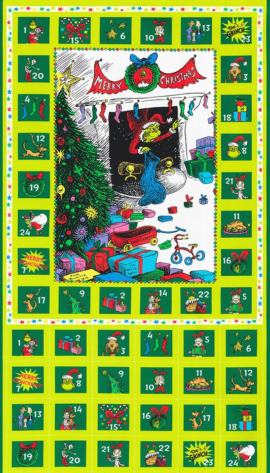 PREORDER ITEM - EXPECTED MAY 2024: Licensed How the Grinch Stole Christmas by Dr. Seuss Enterprises 24" Panel    ADED-22565-223 Cotton Woven Panel