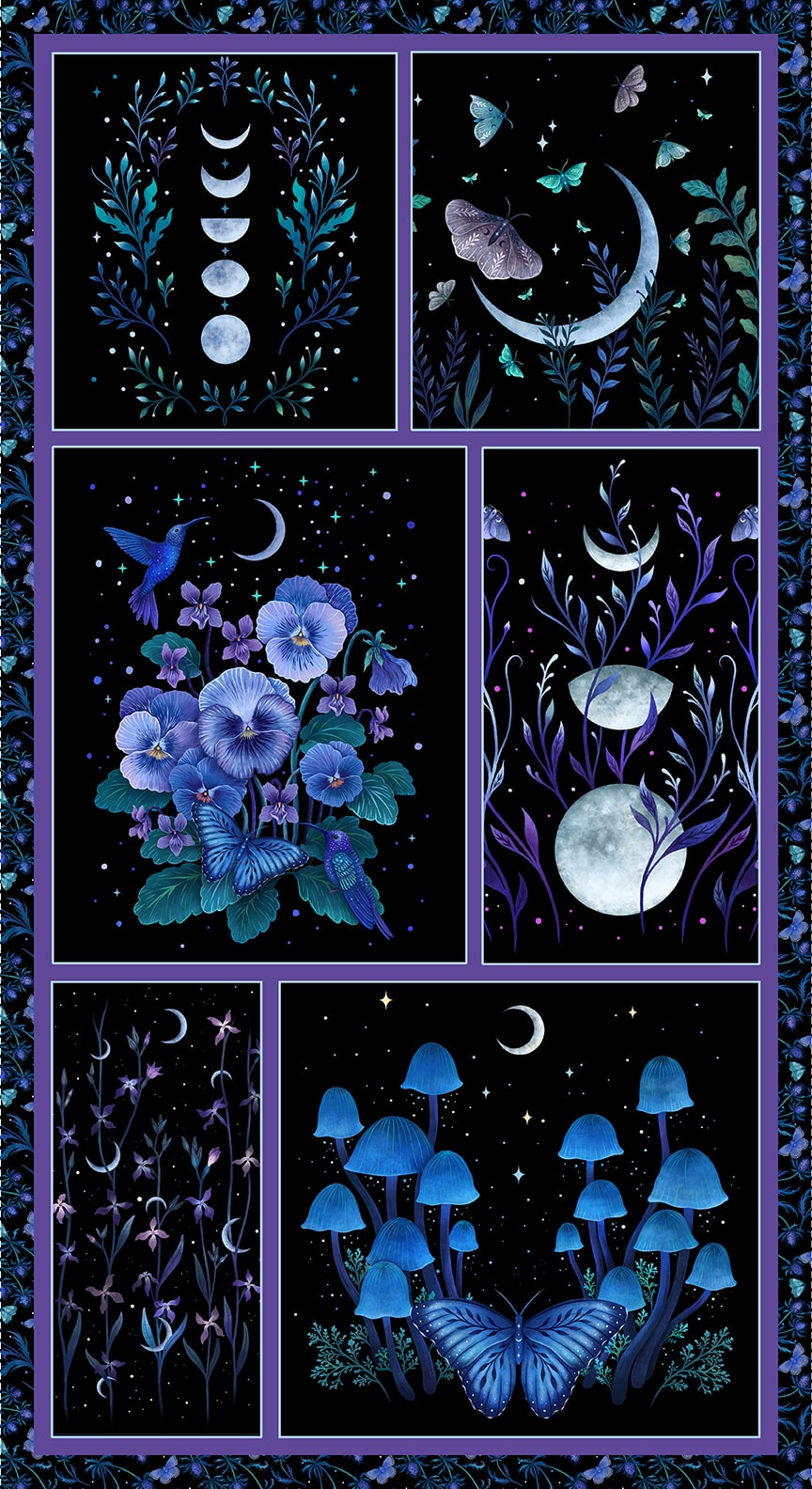 PREORDER ITEM - EXPECTED OCTOBER 2024: Jardin de Lune Glow by Episodic Drawings 24" Panel Black    3834G-99 Cotton Woven Panel