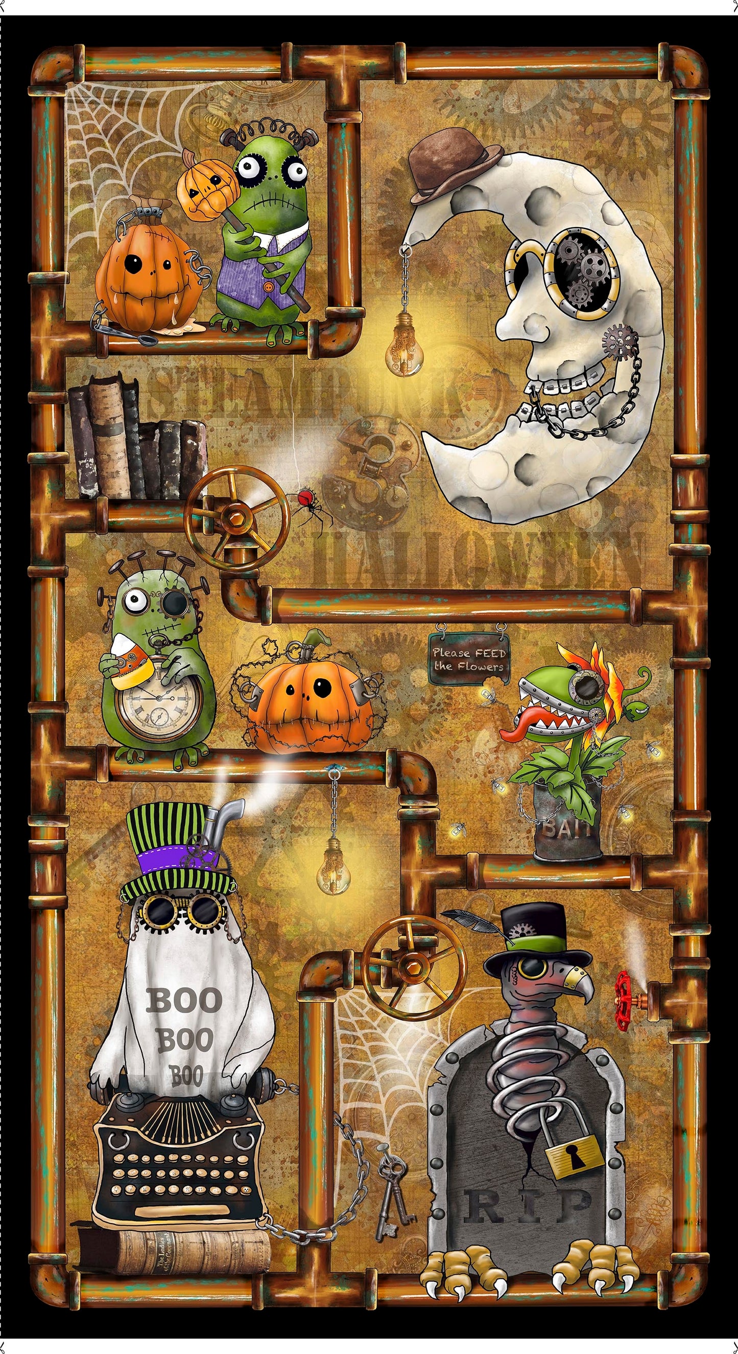 PREORDER ITEM - EXPECTED APRIL: Steampunk Halloween 3 by Desiree's Designs 24" Panel Characters Brown    31219A Cotton Woven Panel