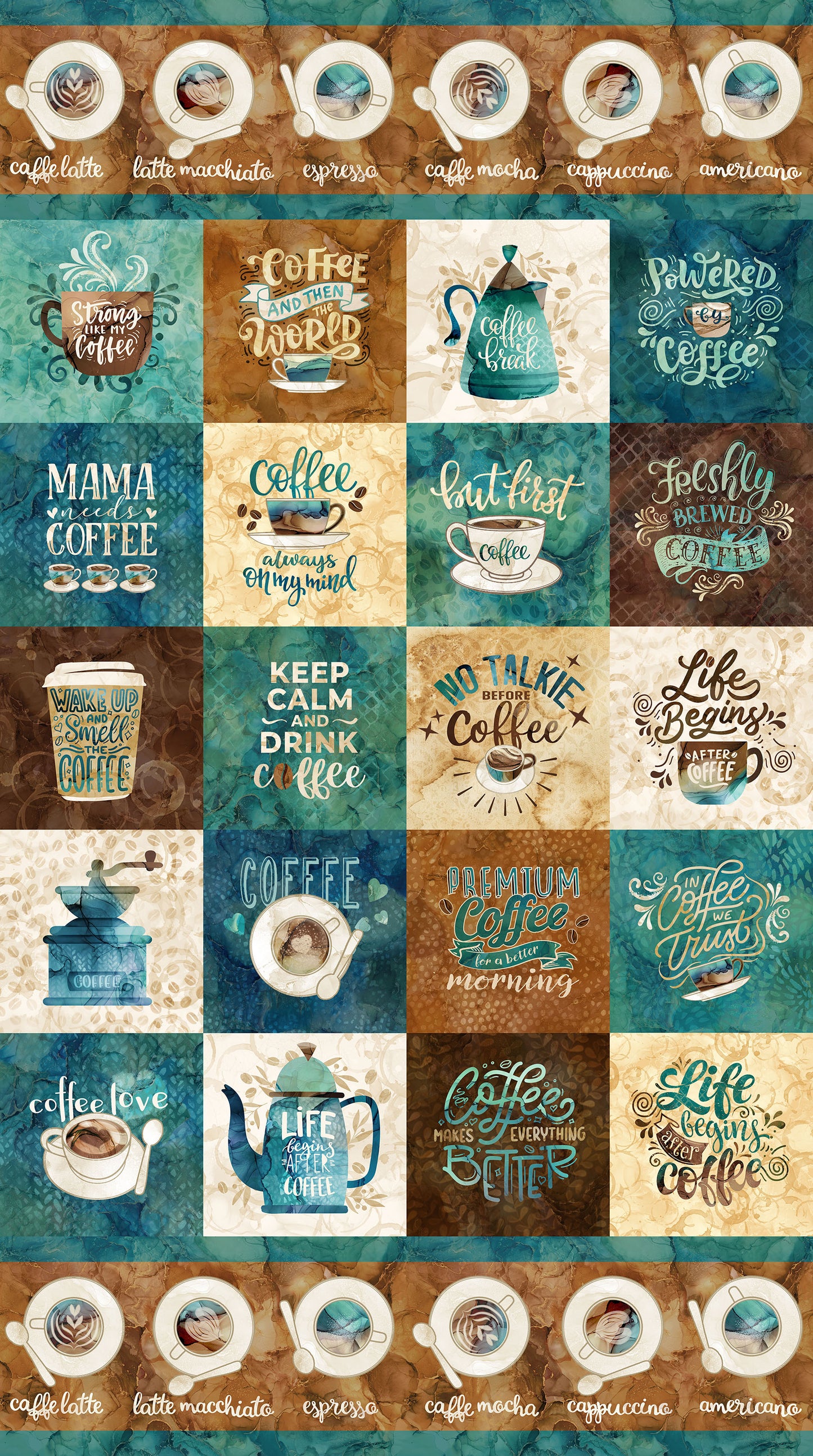 PREORDER ITEM - EXPECTED DECEMBER 2024: Barista by Deborah Edwards and Melanie Samra Digitally Printed 24" Panel Cut Repeat of Running Yardage 6" Squares and Border Lt Teal Multi  DP27695-64 Cotton Woven Panel