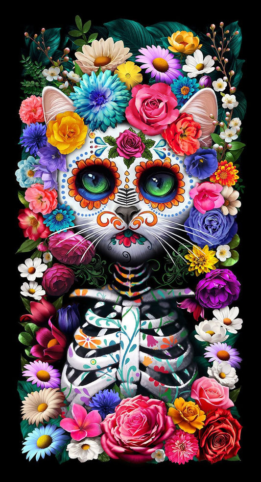 Day of the Dead Family Album 24" Panel Day of the Dead Cat    PANEL-CD3600-BLACK Cotton Woven Panel