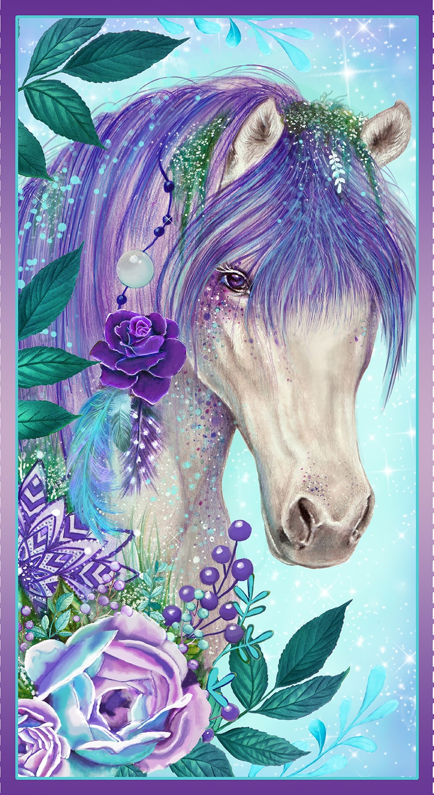 Gypsy Violet Digital by Sheena Pike 24" Panel Horse Light Blue    3661P-11 Cotton Woven Panel