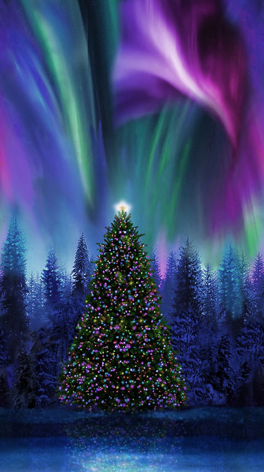 Winter Solstice 24" Panel X-Mas Tree Under Aurora Borealis    CD2010-MULTI. Cotton Woven Panel