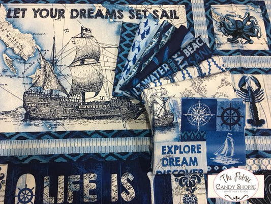 Indigo Coastal Nautical Words Blue 3996-77 Cotton Woven Fabric
