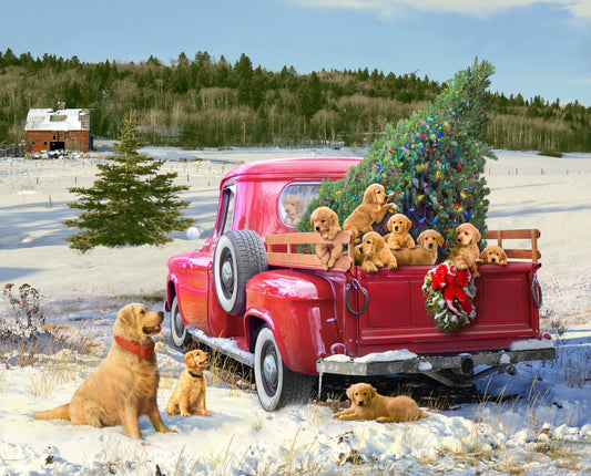 Doggies! 35.5" Panel Christmas Truck with Dogs Digitally Printed   GG00593C1  Cotton Woven Panel