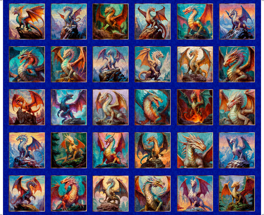 PREORDER ITEM - EXPECTED AUGUST 2025: Dragon’s Song by Morris Creative Group 36" Panel Dragon Blocks Royal    31150Y Cotton Woven Panel