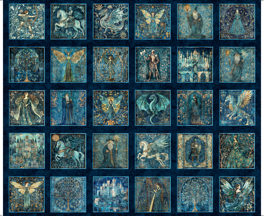 PREORDER ITEM - EXPECTED NOVEMBER 2025: Folklore by Morris Creative Group 36" Panel Medieval Patches Small Navy    31641N Cotton Woven Panel