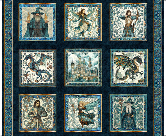 PREORDER ITEM - EXPECTED NOVEMBER 2025: Folklore by Morris Creative Group 36” Panel Medieval Picture Patches Large Dark Navy    31640N Cotton Woven Panel