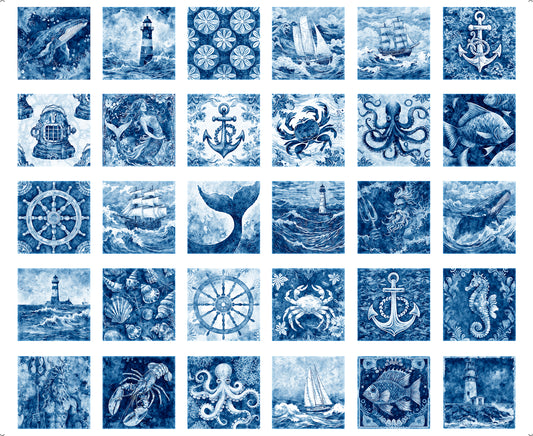 PREORDER ITEM - EXPECTED MARCH 2025: Ocean Blues by Morris Creative Group 36" Panel Nautical Motif Patches Blue    Panel  30855B Cotton Woven Panel