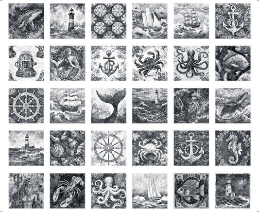 PREORDER ITEM - EXPECTED MARCH 2025: Ocean Blues by Morris Creative Group 36" Panel Nautical Motif Patches Charcoal   Panel  0855K Cotton Woven Panel