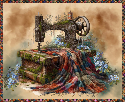 Forget Me Not by Marilyn Lee 36" Panel Sewing Machine Tan  4287P-30 Cotton Woven Panel