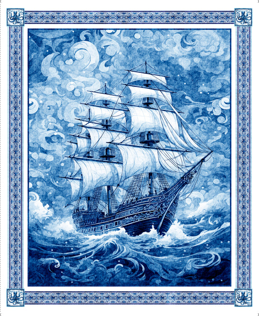 PREORDER ITEM - EXPECTED MARCH 2025: Ocean Blues by Morris Creative Group 36" Panel Ship Blue   Panel  30854B Cotton Woven Panel