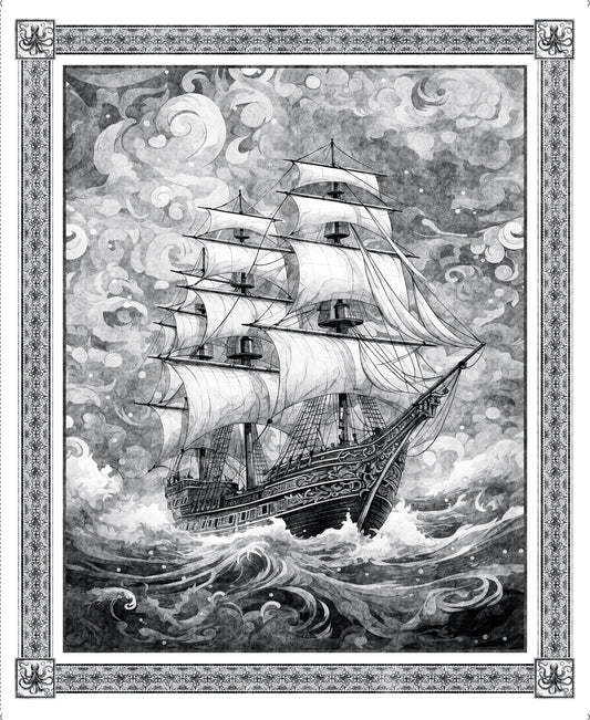 PREORDER ITEM - EXPECTED MARCH 2025: Ocean Blues by Morris Creative Group 36" Panel Ship Charcoal   Panel  30854K Cotton Woven Panel