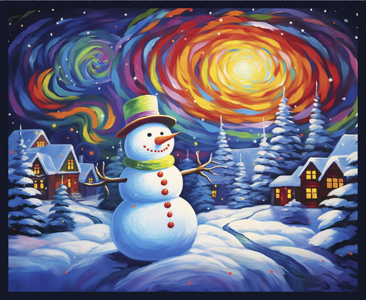 Frostykins by Ray Heere 36" Panel Snowman with Village Blue    4275P-75 Cotton Woven Panel