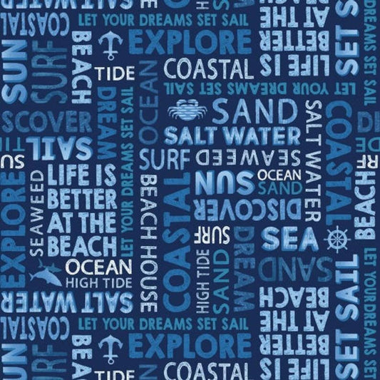 Indigo Coastal Nautical Words Blue 3996-77 Cotton Woven Fabric
