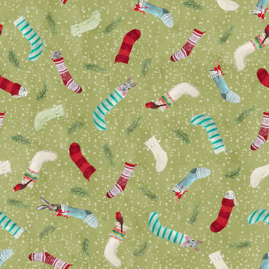 PREORDER ITEM-EXPECTED JUNE 2026: Holly Woods by Cathy Walters Critter Stockings 9245-61 SAGE Cotton Woven Fabric