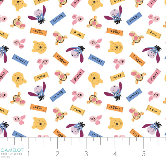 Licensed Disney Winnie the Pooh All About Me Friends & Name Tags White 85430708-1 Cotton Woven Fabric