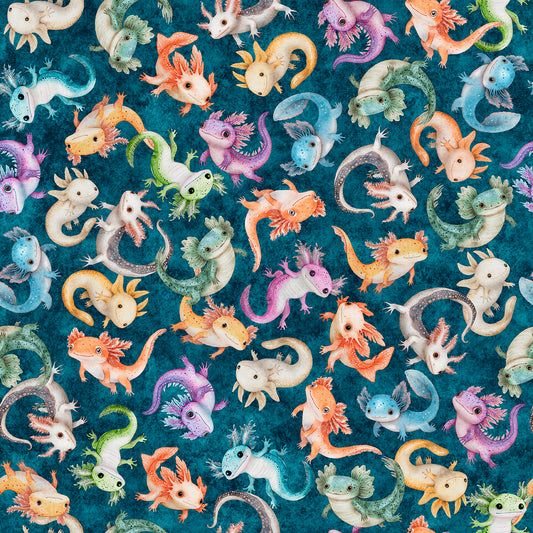 PREORDER ITEM - EXPECTED SEPTEMBER 2025: QT Cuties 2 A Lotta Axolotl Teal    31452Q Cotton Woven Fabric