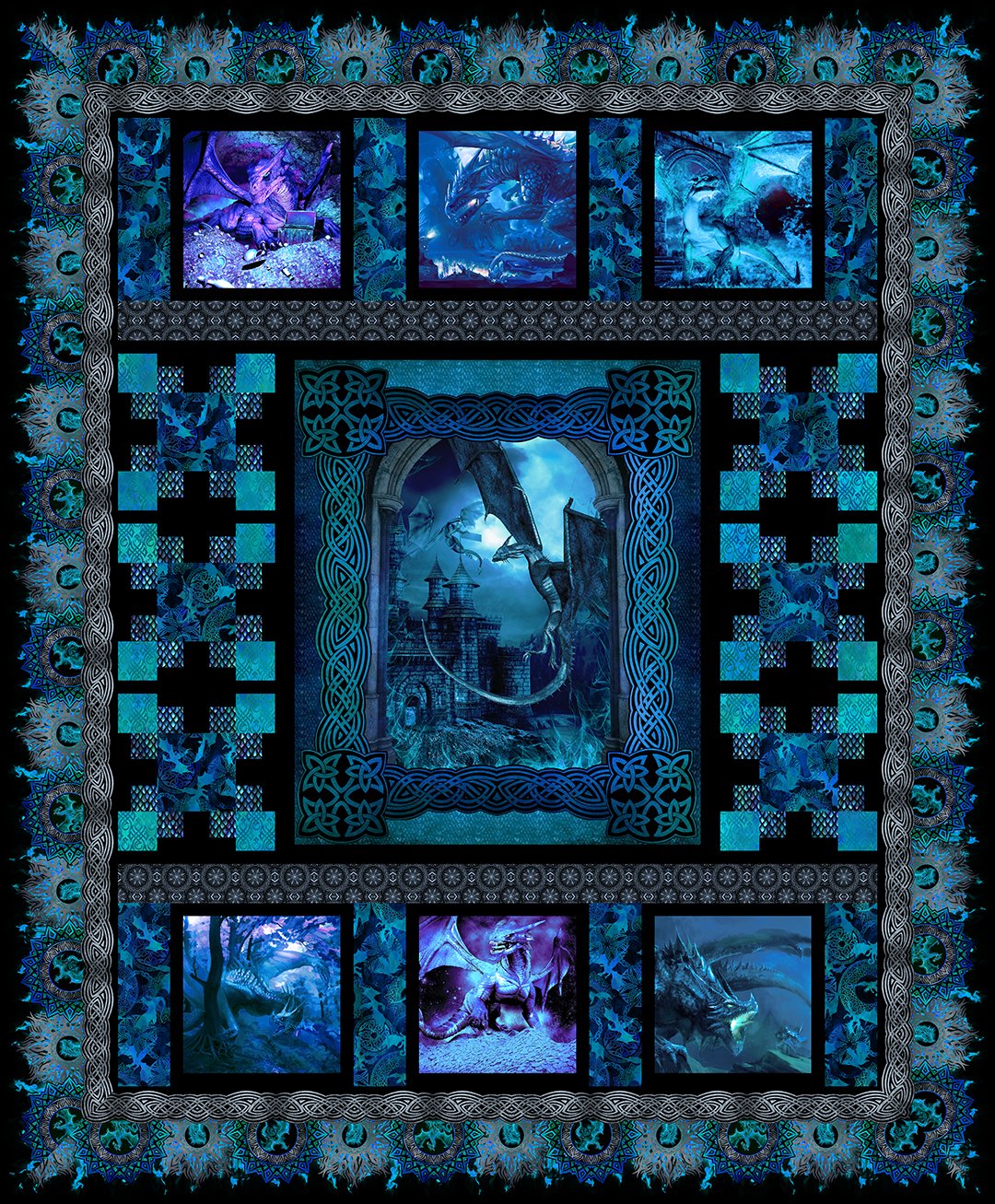 Dragons Blue Fury Quilt Kit Finished size 761⁄2" x 921⁄2” USA Shipping included in price