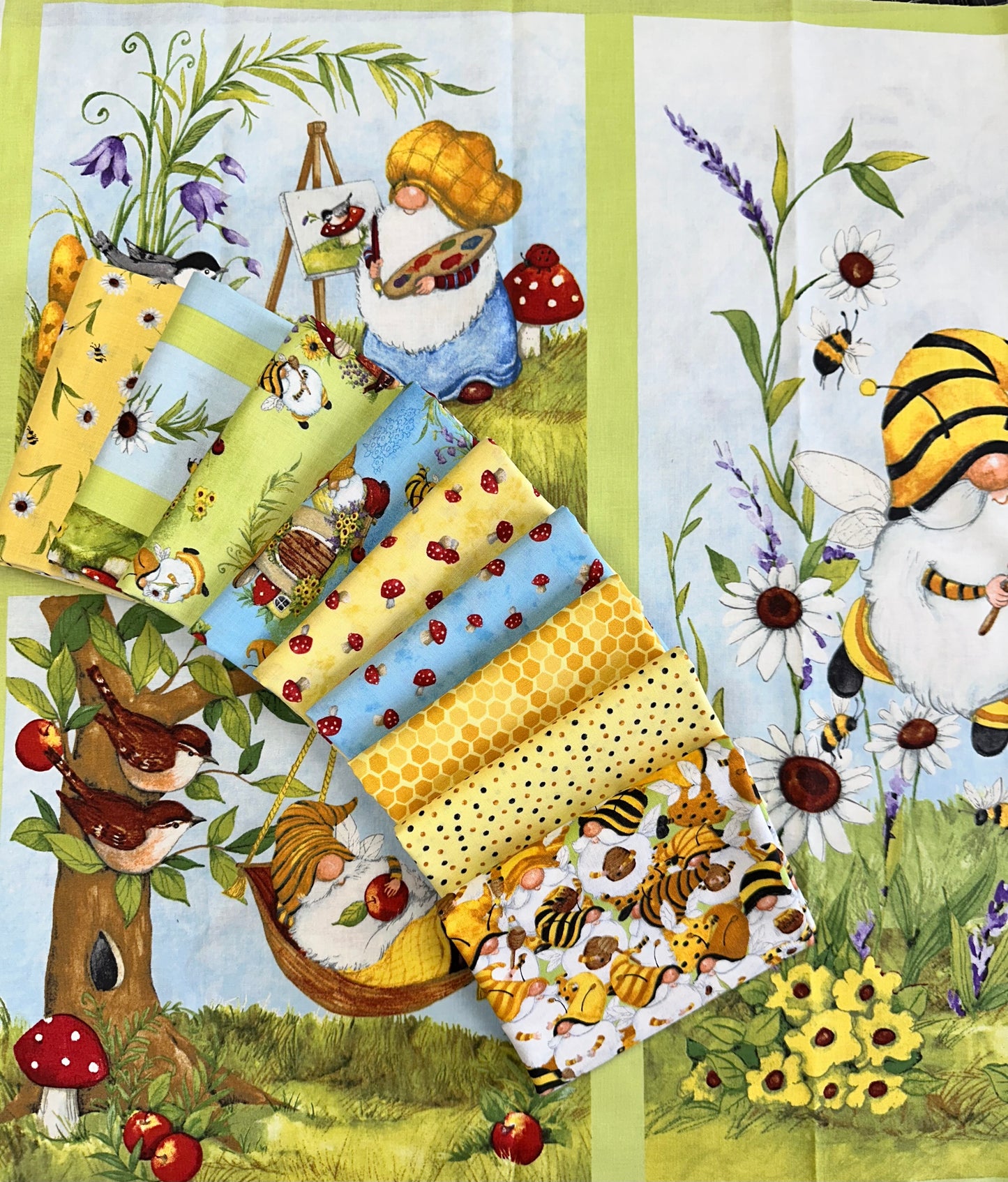 Buzzin with My Gnome-iezz  by Susan Winget Mushroom Toss Yellow    39839-531 Cotton Woven Fabric