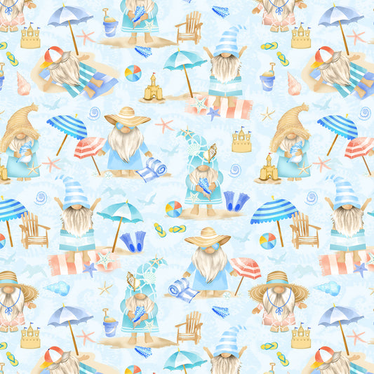 Whatever Floats Your Gnome by Gail Cadden Coastal Gnomes CD3017- BLUE Cotton Woven Fabric