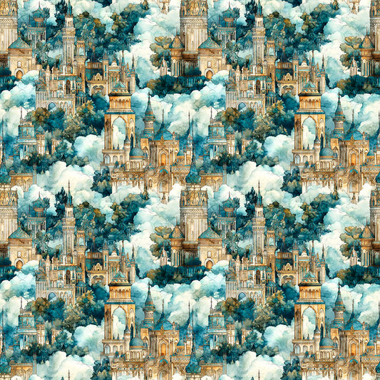 PREORDER ITEM - EXPECTED NOVEMBER 2025:  Folklore by Morris Creative Group Castles in Clouds Lt. Brown / Teal    31644AQ Cotton Woven Fabric
