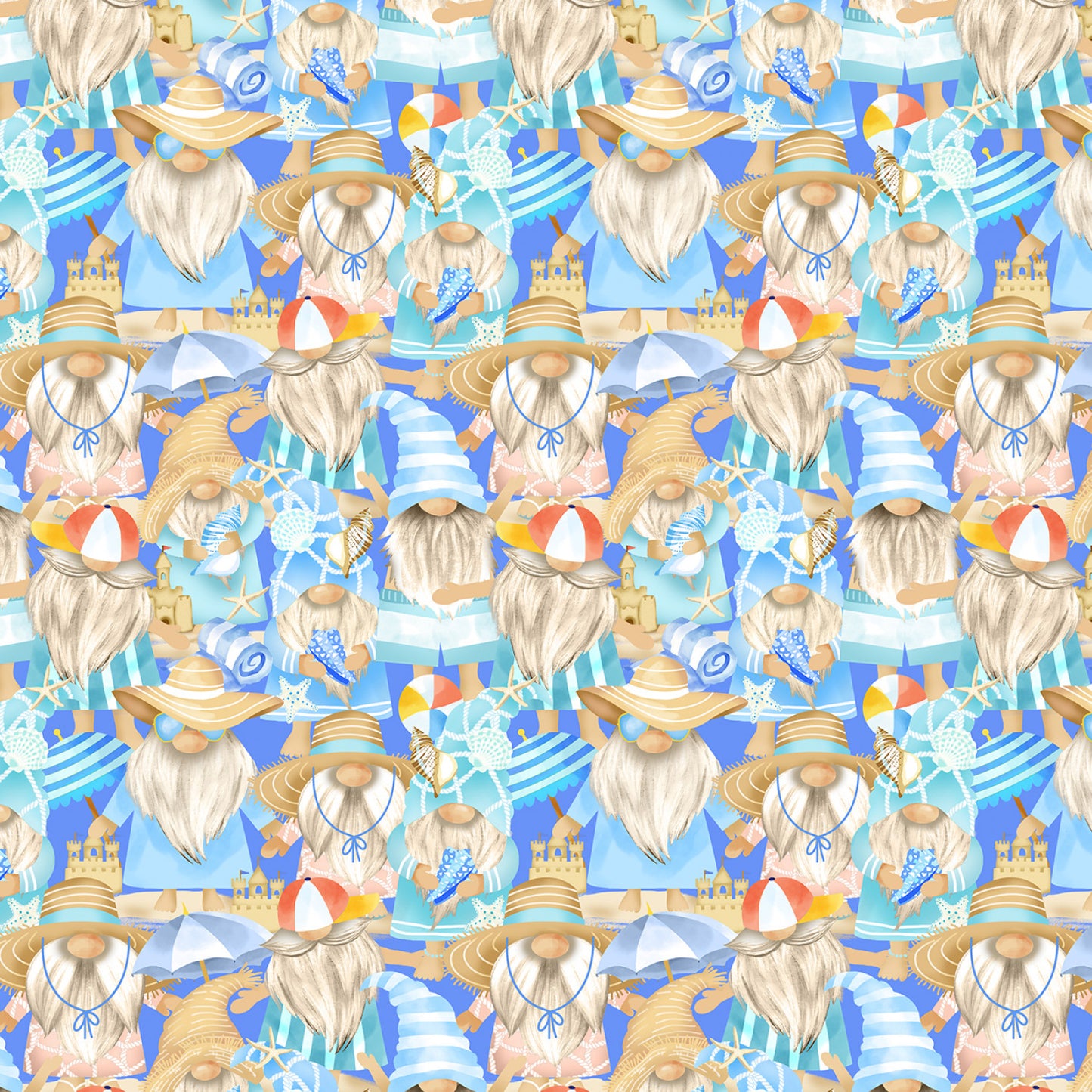 Whatever Floats Your Gnome by Gail Cadden Coastal Gnomes Packed Blue    CD3018-BLUE Cotton Woven Fabric