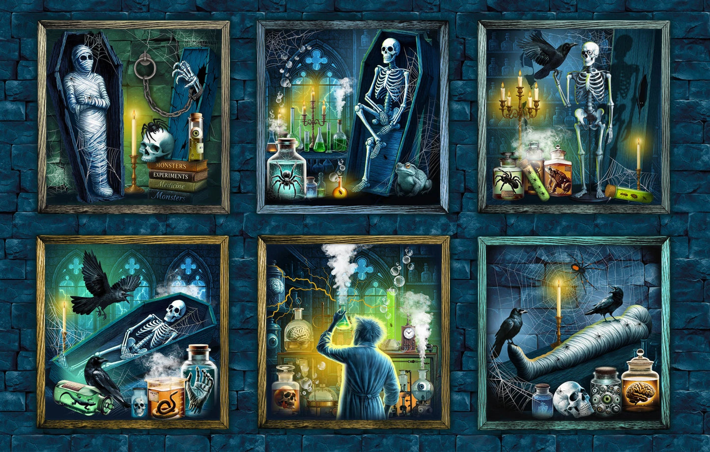 Preorder July 2027: Lab of Horrors 28" Block Panel Chamber of Nightmares Chambray DCX13181-CHMB by Michael Miller