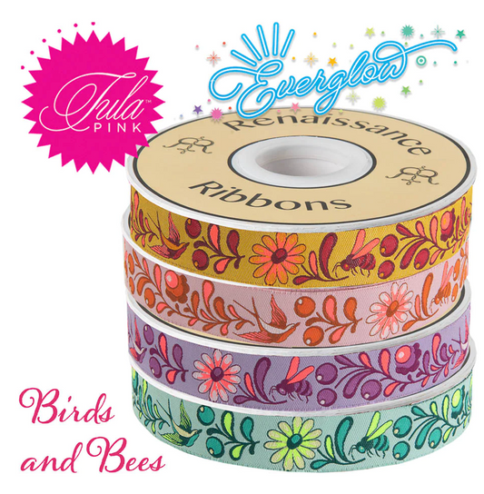 Tula Pink Everglow  7/8” wide Birds & Bees Ribbon  Birds & Bees Mystic Woven Ribbon  TK-108/22mm Col 4 Priced per Yard