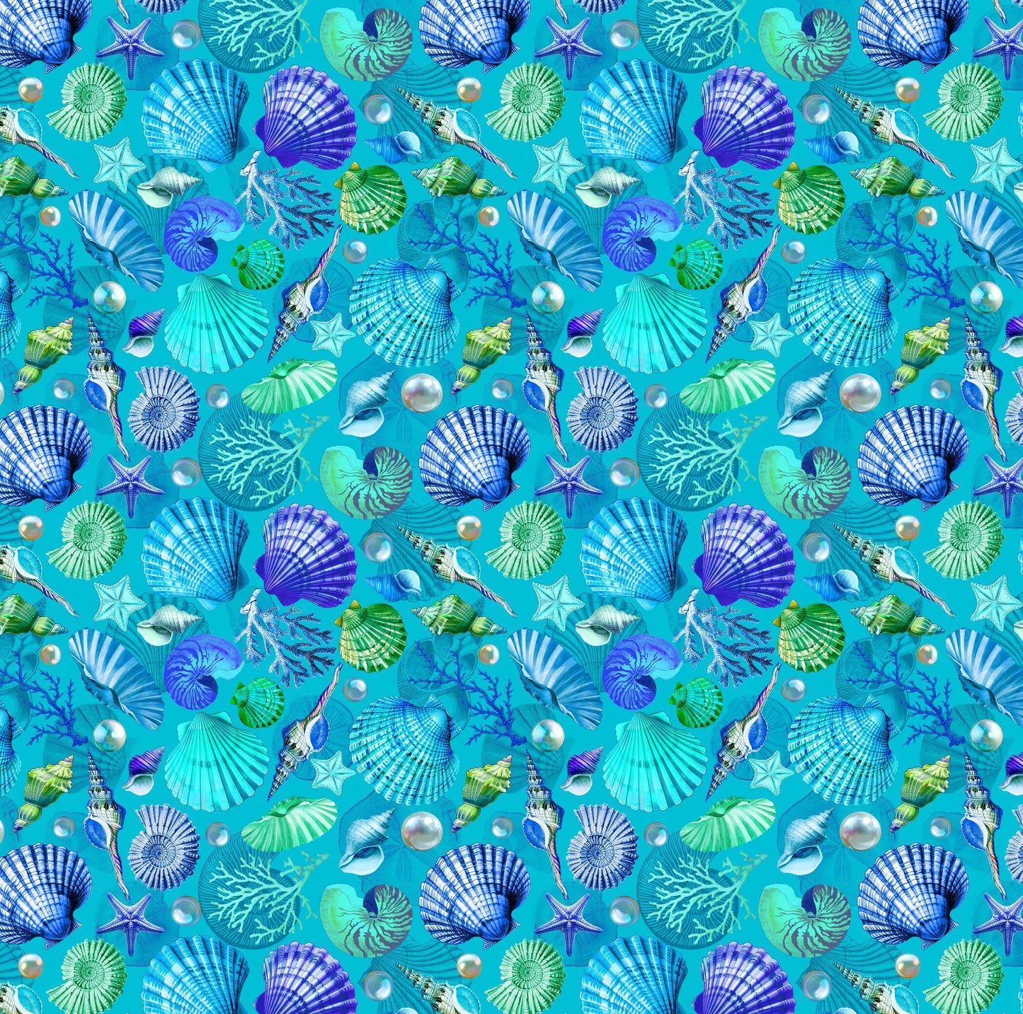 PREORDER ITEM-EXPECTED APRIL 2026: Divine Oceania by Aimee Stewart Pearls and Seashells DDC12613-Turquoise Cotton Woven Fabric