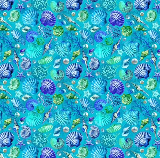PREORDER ITEM-EXPECTED APRIL 2026: Divine Oceania by Aimee Stewart Pearls and Seashells DDC12613-Turquoise Cotton Woven Fabric