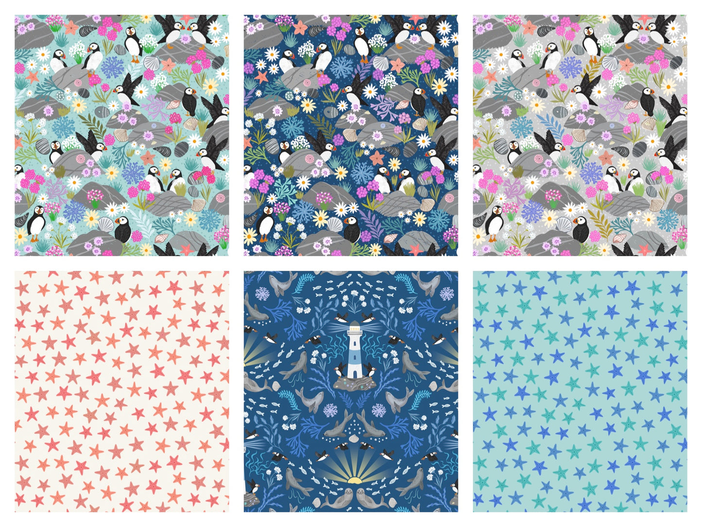 PREORDER ITEM - EXPECTED APRIL: Puffin Rocks  Fat Quarter Bundle of 6 Prints