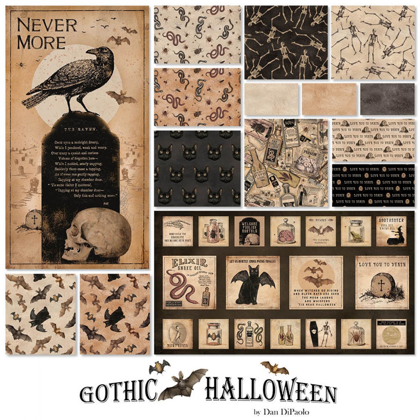 PREORDER ITEM - EXPECTED APRIL: Gothic Halloween Digital by Dan DiPaolo Fat Quarter Bundle of 15 Prints + 2 Panels   FQ0504 Bundle