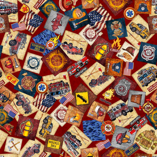 American Heroes Firefighters by Morris Creative Group Firefighter Overlaping Pattern Brick    30679M Cotton Woven Fabric