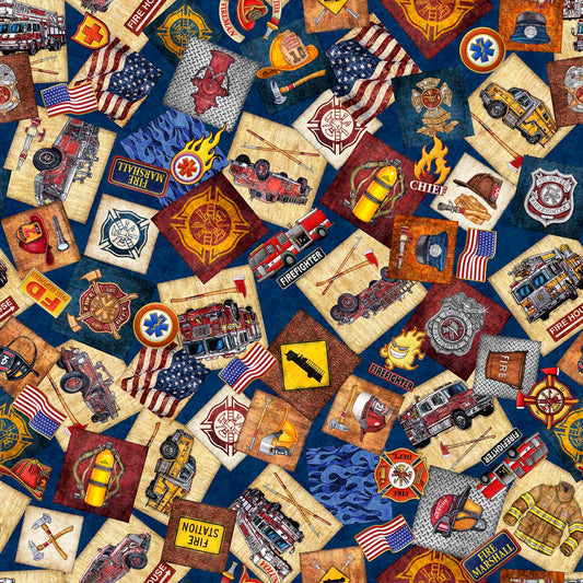 American Heroes Firefighters by Morris Creative Group Firefighter Overlaping Pattern Navy    30679N Cotton Woven Fabric