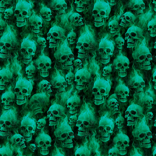 PREORDER ITEM - EXPECTED MAY 2025: Gotta Have it by Morris Creative Group Flaming Skulls Jade    31185Q Cotton Woven Fabric