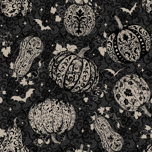 Preorder June 2026: Darkly Enchanted Charcoal Damask Pumpkins with Bats 4795-98 by Episodic Drawing