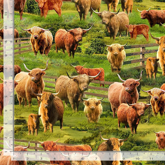 Rolling Hills Highland Cows Multi FARM-CD3076-MULT Cotton Woven Fabric