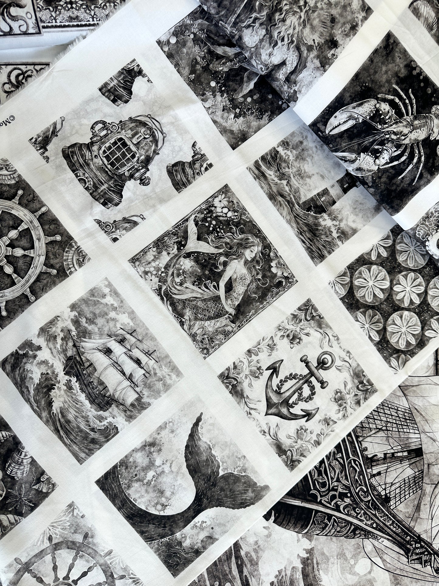Ocean Blues by Morris Creative Group 36" Panel Nautical Motif Patches Charcoal   Panel  30855K Cotton Woven Panel